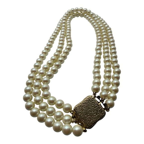 Vintage 3 Strand Faux Pearl Necklace Ornate Gold Tone Clasp-Classic Bridal Style